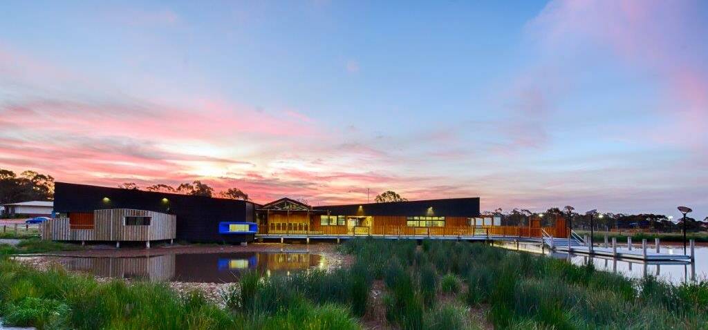 Marist College Bendigo's Montagne Centre features "tranquil social spaces" on the edge of the water.