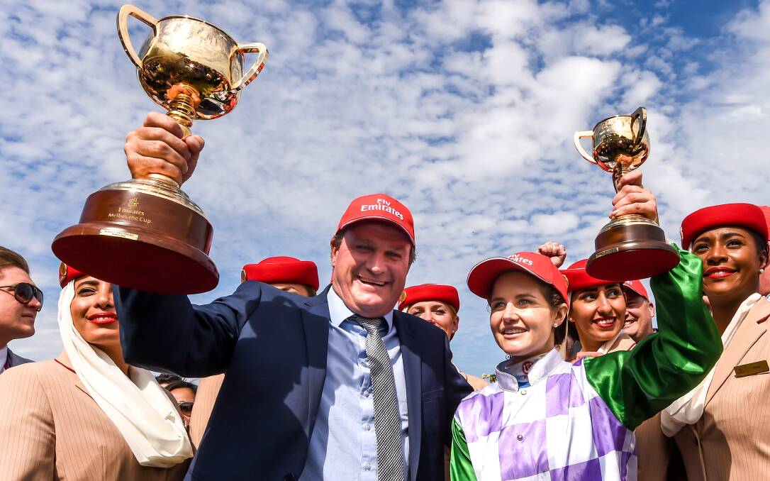 Darren Weir and Michelle Payne after winning the 2015 Melbourne Cup.