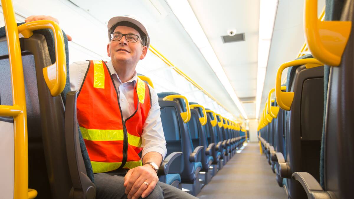 Victorian Premier Daniel Andrews on board a new VLocity train at Dandenong manufacturer Bombardier. Photo:Simon Schulter.
