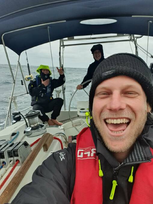 Dave Boyes with skipper Liam Harkins and his partner Sam Scullin during their east coast adventure. Picture supplied