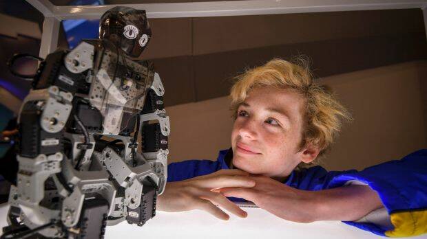 Year 8 students Seb Abbott from Lilydale Heights College and the robot he constructed.  Photo: Eddie Jim
