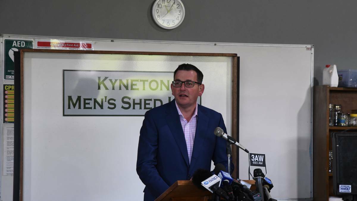 Premier Daniel Andrews made a personal speech to those gathered at the Kyneton Men's Shed, outlining how mental health and suicide has impacted his own family and friends. Picture: ADAM HOLMES