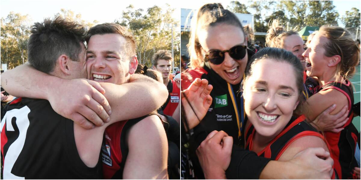 Leitchville-Gunbower footballers and White Hills netballers celebrate their senior wins on Saturday. Pictures: DARREN HOWE