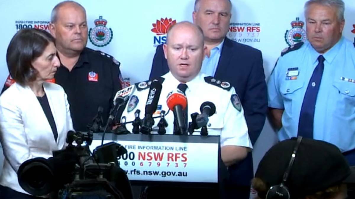 NSW RFS Commissioner Shane Fitzsimmons addresses the media. Picture: Facebook screengrab