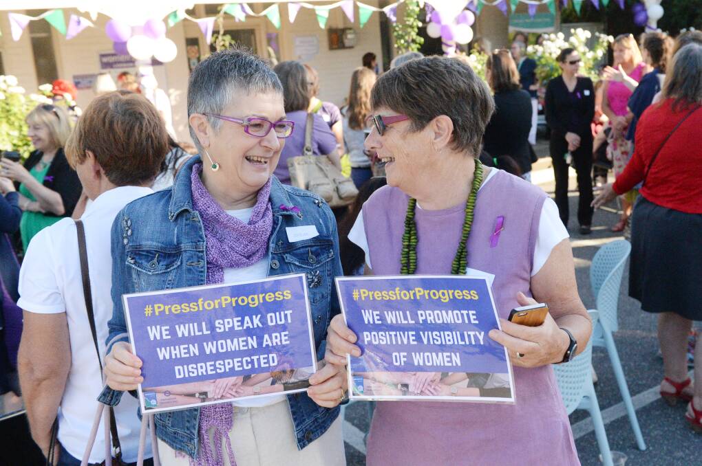 Judith Long and Di Parker at last year's International Women's Day breakfast. Picture: DARREN HOWE
