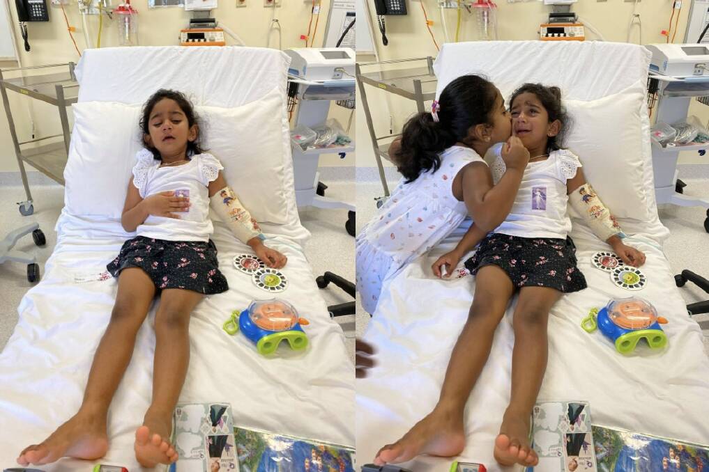 Tharnicaa, 3, was evacuated to Perth from Christmas Island for treatment of a blood infection. Picture: @HometoBilo, via Twitter
