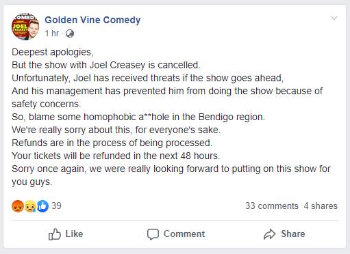 Joel Creasey speaks out after Bendigo show cancellation