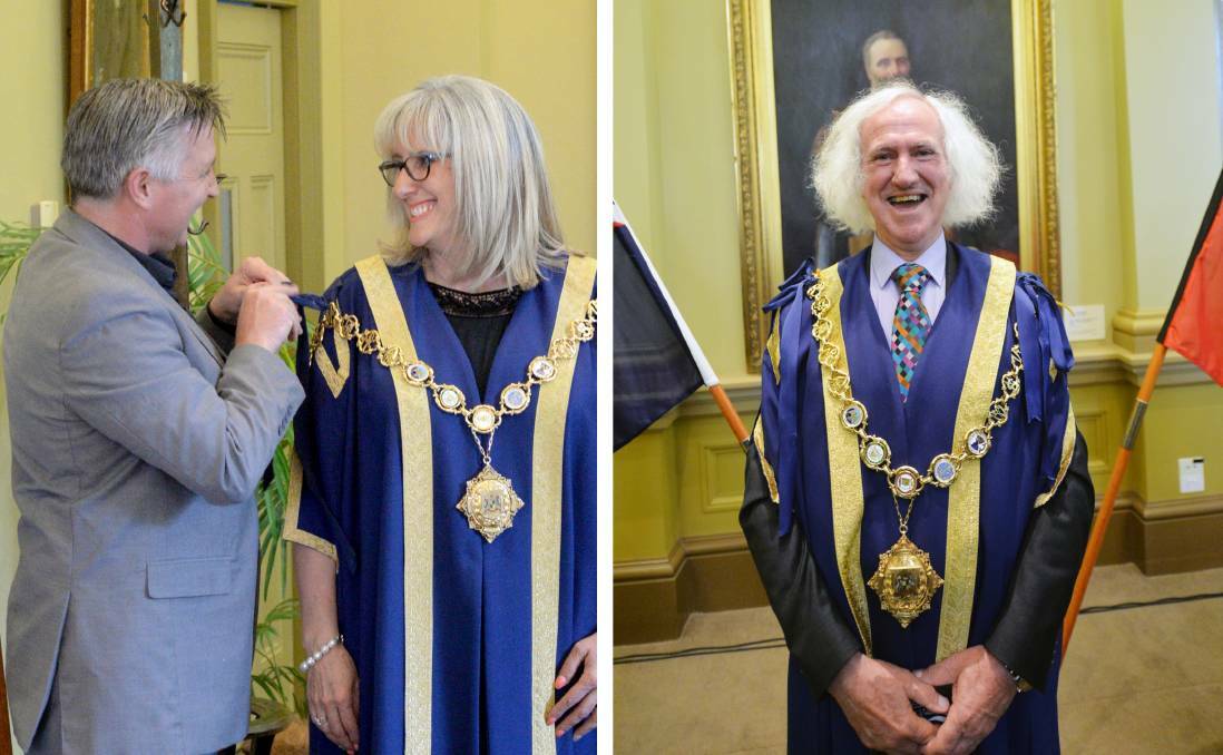 Mayor Margaret O'Rourke during her swearing in as mayor in 2017, and Rod Fyffe following his 2015 swearing in. Pictures: DARREN HOWE