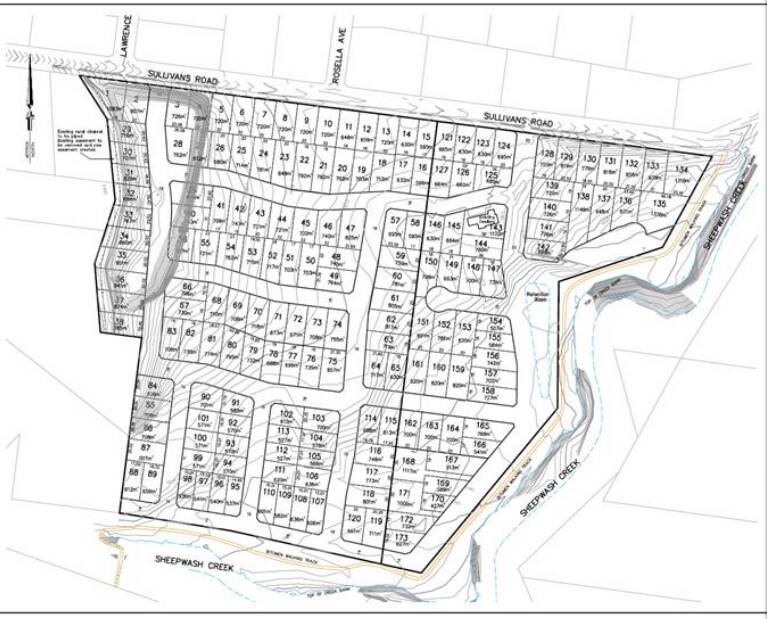 The original layout of the subdivision. Lots facing Sullivans Road have since been merged to increase their frontages, keeping in character with other houses on the street.