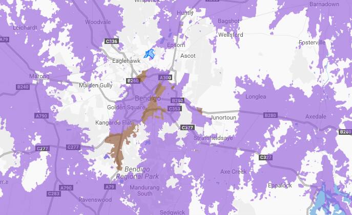 The NBN rollout map in Bendigo. The purple areas have access to the NBN, the brown is where the build has commenced. White areas do not have access yet.