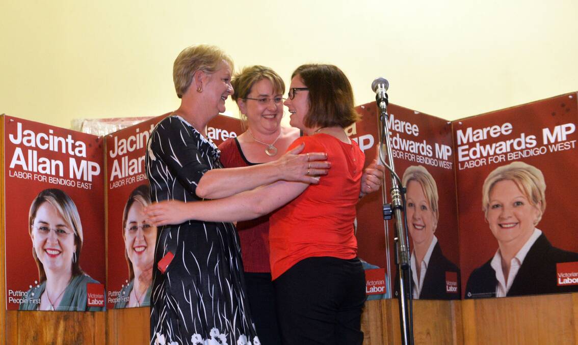 Maree Edwards, Jacinta Allan and federal MP Lisa Chesters celebrate Labor's election victoria in Bendigo East and Bendigo West in 2014.
