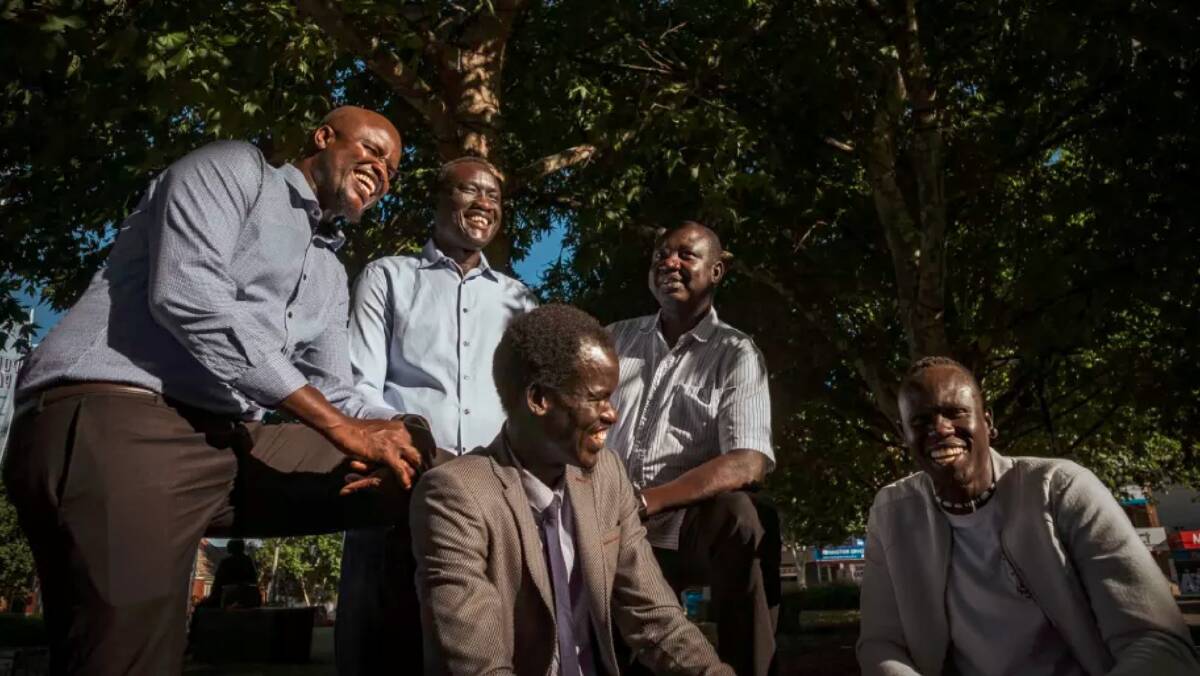 South Sudanese community members in Melbourne Boing Deng Boing, Agok Takpiny, Michael Apout, Kastro Chol-Mengistu and Robert Aduer were among those to use the #AfricanGangs hashtag to change public perceptions. Picture: CHRIS HOPKINS