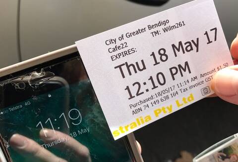 A Bendigo Advertiser reader sent in this discrepancy on their Williamson Street parking ticket. The printed time says 11.14am, but the actual time is 11.19am.