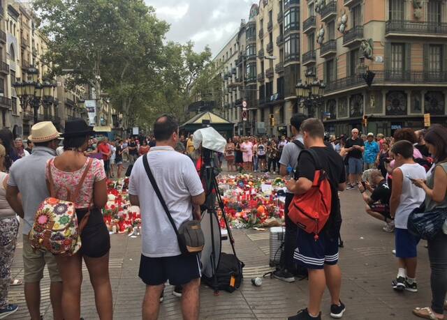Crowds gather on La Ramblas in Barcelona the day after the deadly terrorist attack. Picture: Sasha Vedelsby
