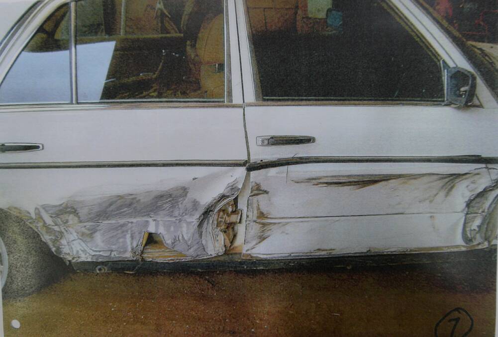 The damage to the 1970s Mercedes, which former Loddon Shire mayor Gavan Holt hit in his Holden Statesman. Both cars sustained extensive damage.