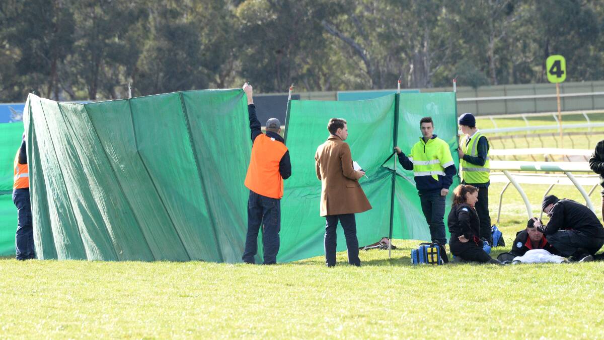 Stewards put up protective fencing as gelding Something to Share is euthanised at Bendigo Racecourse. Picture: DARREN HOWE