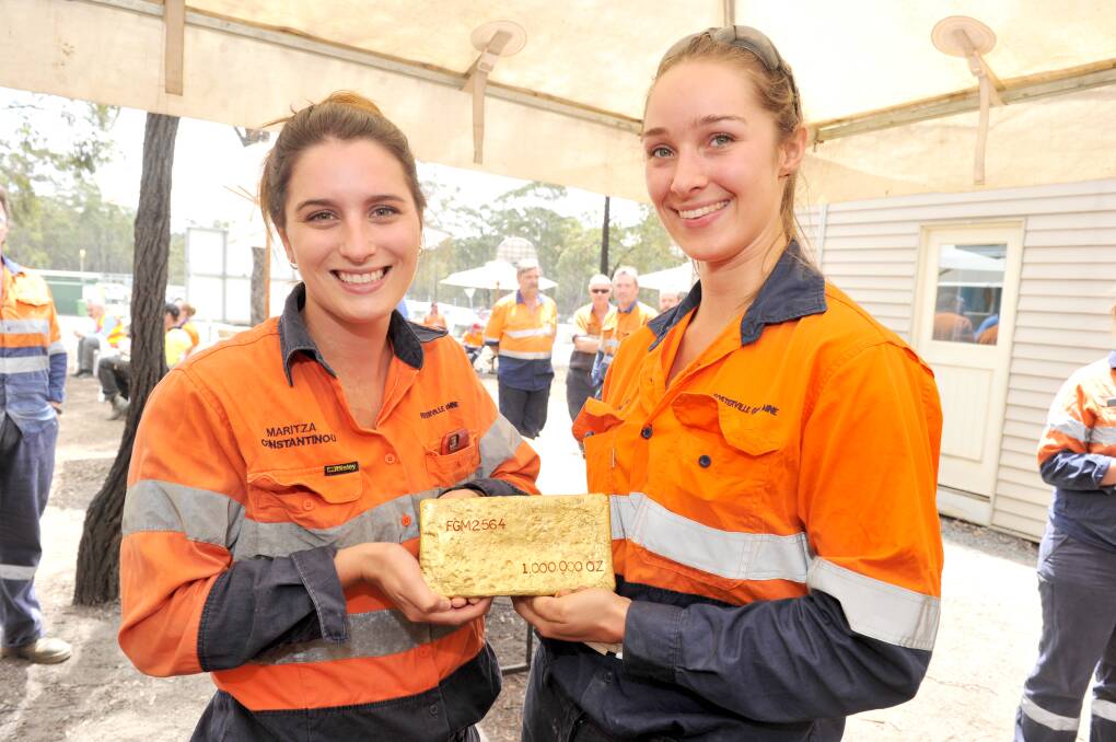 Miners Maritza Constantinou and Alison Cooke at the celebrations in 2016 for Fosterville Gold Mine's one millionth ounce of gold produced. Picture: NONI HYETT
