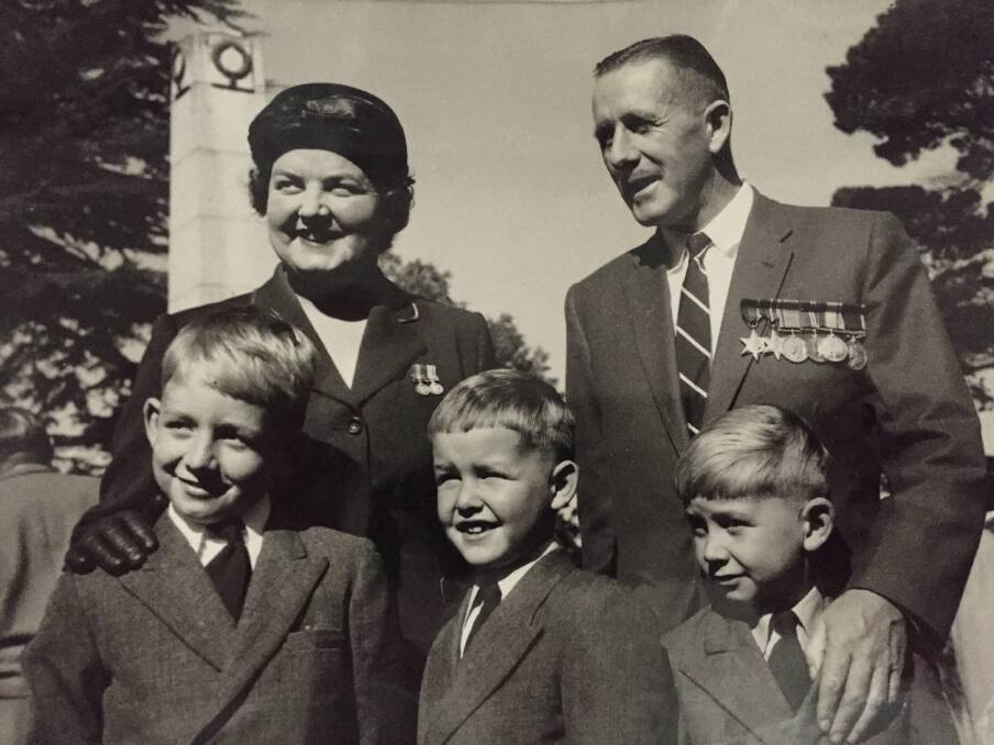 Pat Bennell and Brian Gordon with sons Andrew, Jeffrey and Stephen at Anzac Day in Launceston in 1962. Picture: supplied