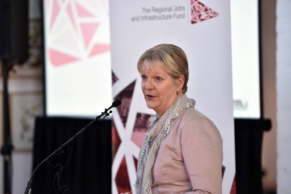Member for Bendigo West Maree Edwards speaks in Castlemaine at the launch of the $500 million Regional Jobs and Infrastructure Fund. Picture: Bill Conroy