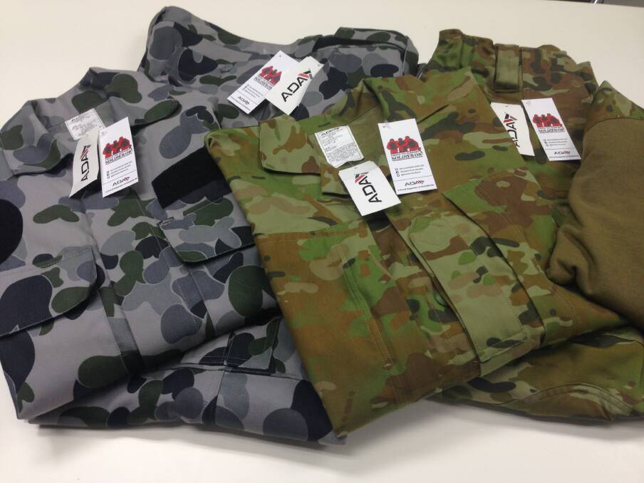 Uniforms produced in Bendigo with the Soldier On tags, promoting mental health and wellbeing of ADF personnel.