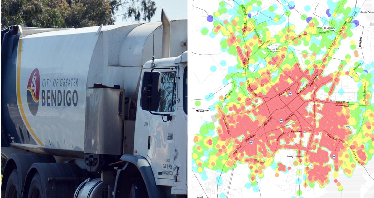 Sensors on top of Bendigo garbage trucks are mapping the strength of the free Internet of Things network, shown right. The signals come from four gateways throughout Bendigo, with red being a strong signal.