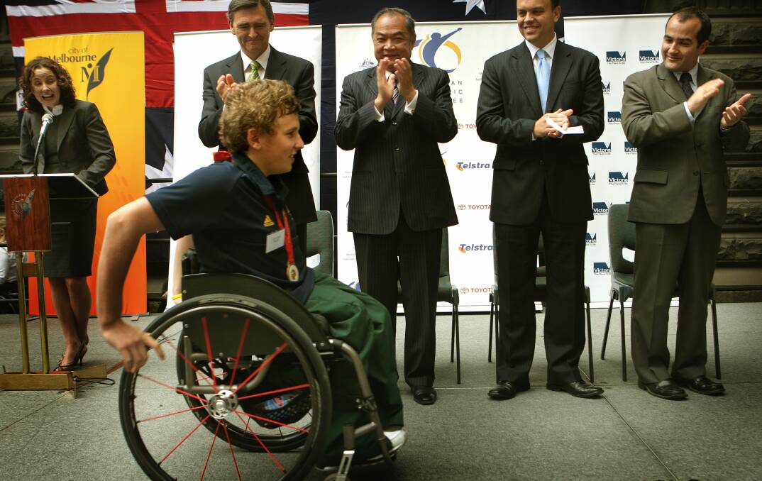 Dylan Alcott at a civic reception after winning a gold medal with the Australian wheelchair basketball team at the 2008 Paralympics. Picture: John Woudstra