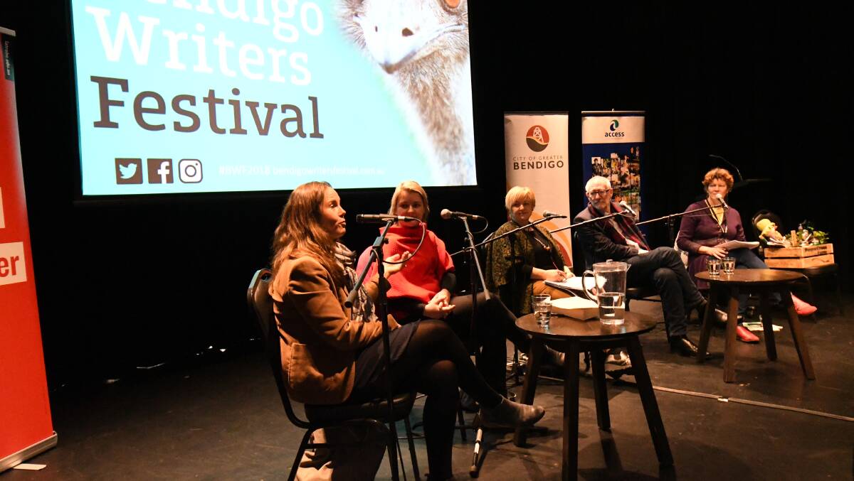 The panel discussion at the Bendigo Writers Festival featuring Meg Caffin, Sonia Anthony, Jennifer Alden and Trevor Budge, hosted by Prue Mansfield. Picture: DARREN HOWE