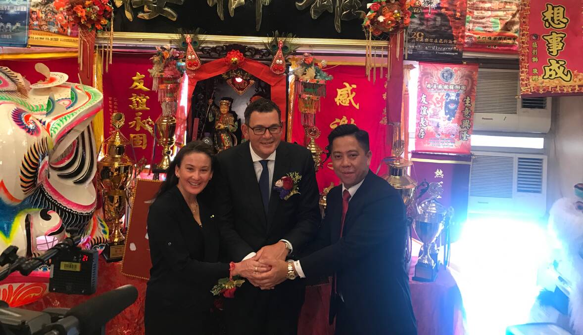 Anita Jack, Premier Daniel Andrews and Master Hui at the announcement in Hong Kong on Wednesday.