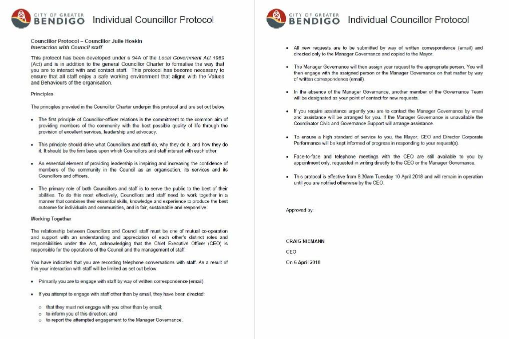 The individual councillor protocol issued to Julie Hoskin in April, confirmed by the council.