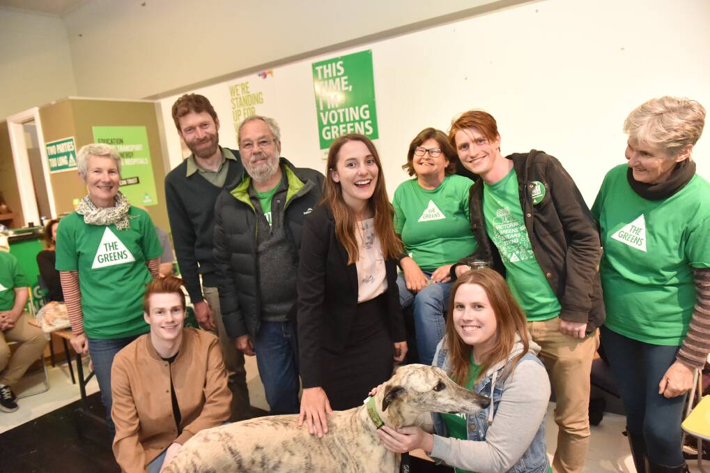 The Greens candidate for Bendigo East Nakita Thomson with supporters at their office in Bendigo. Picture: DARREN HOWE