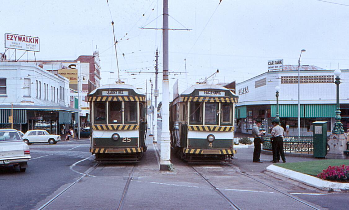 The Eaglehawk tram, right, prepares to leave Charing Cross in either the 1960s or 1970s. Picture: Bendigo Heritage Attractions