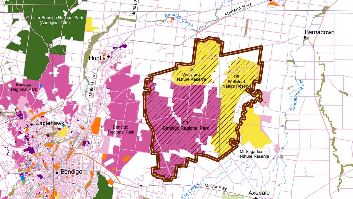 A draft report has recommended adding the purple areas within the Wellsford forest to the Greater Bendigo Regional Park, and creating a nature reserve for the yellow shaded areas.
