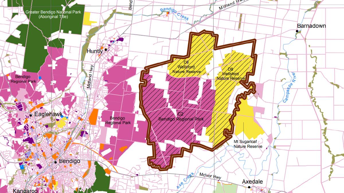 A draft report has recommended adding the purple areas within the Wellsford forest to the Greater Bendigo Regional Park, and creating a nature reserve for the yellow shaded areas.