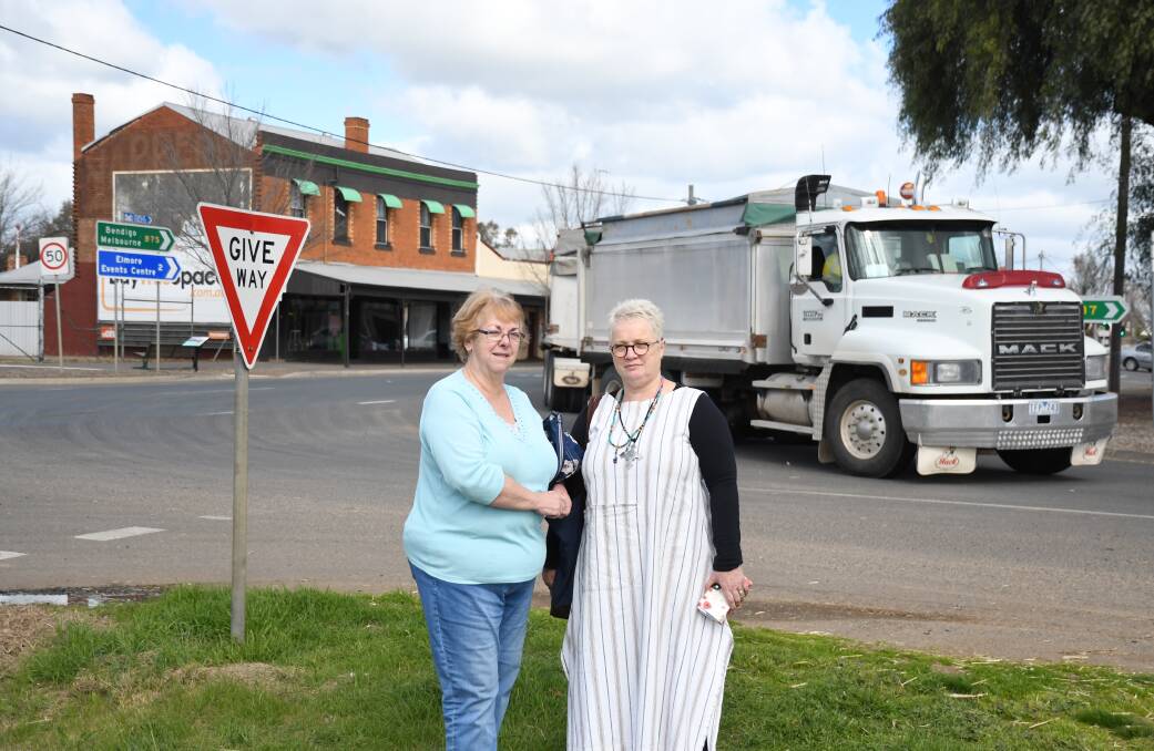 Jennifer Crust and Judi Palmer say the Elmore-Raywood Road intersection has become unsafe. It's one of a range of issues locals want rectified in their town in order to attract industry and residents. Picture: ADAM HOLMES