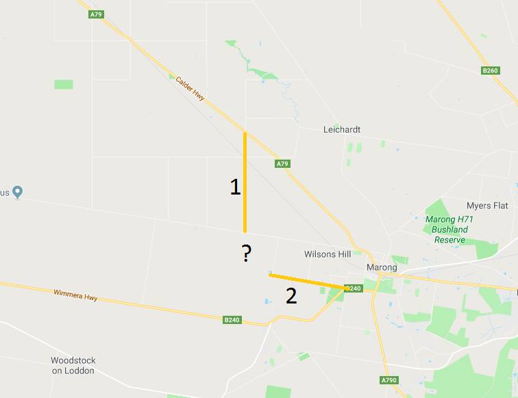The committee wants VicRoads to consider options for a Calder Alternative bypass around Marong. It could utilise Leichardt Road (1), Wilsons Hill Road (2) or connect with the Calder closer to Bridgewater.