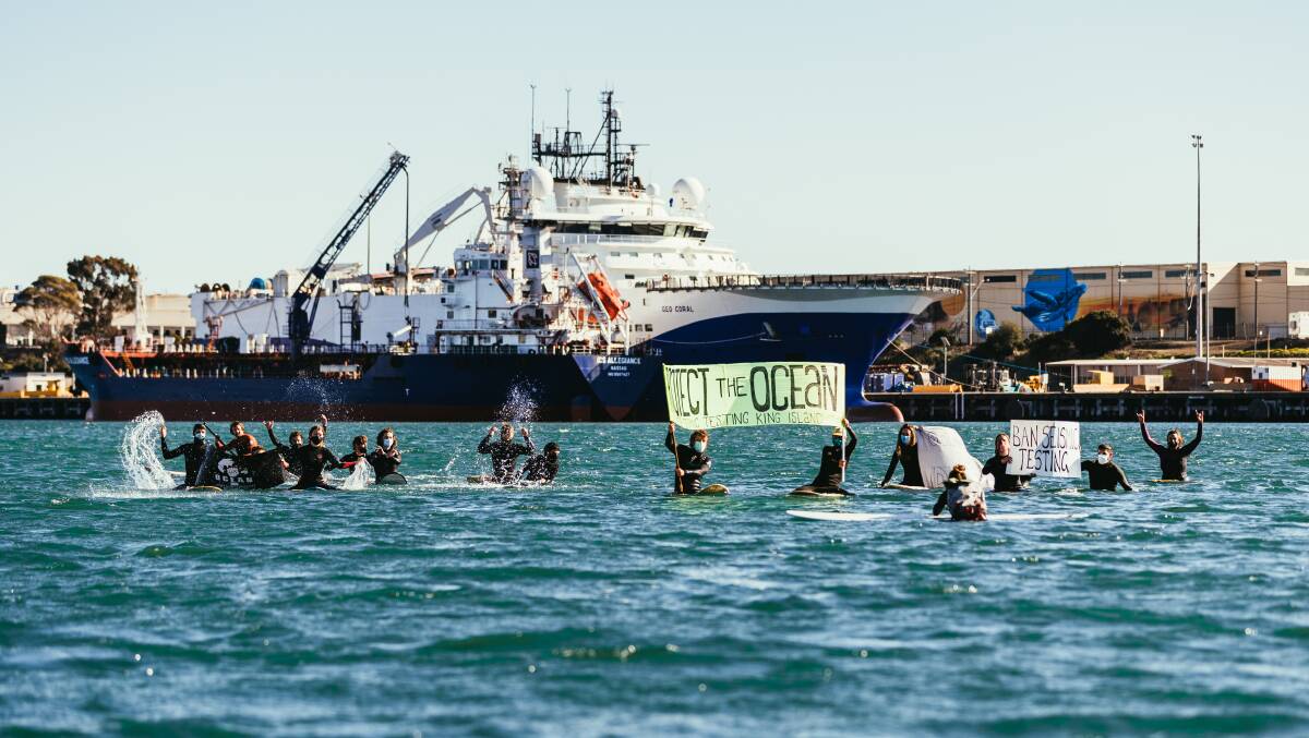 PROTEST: Activists paddled out into Corio Bay. Picture: Jarrah Lynch.