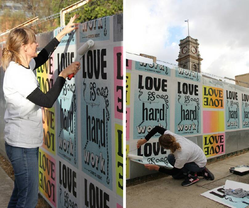 Sydney-based artist Wendy Murray installs her public art 'Yes, Love is Hard Work' in Mechanics Lane, Castlemaine. The art was inspired by the original work of Corita Kent. Pictures: SUPPLIED