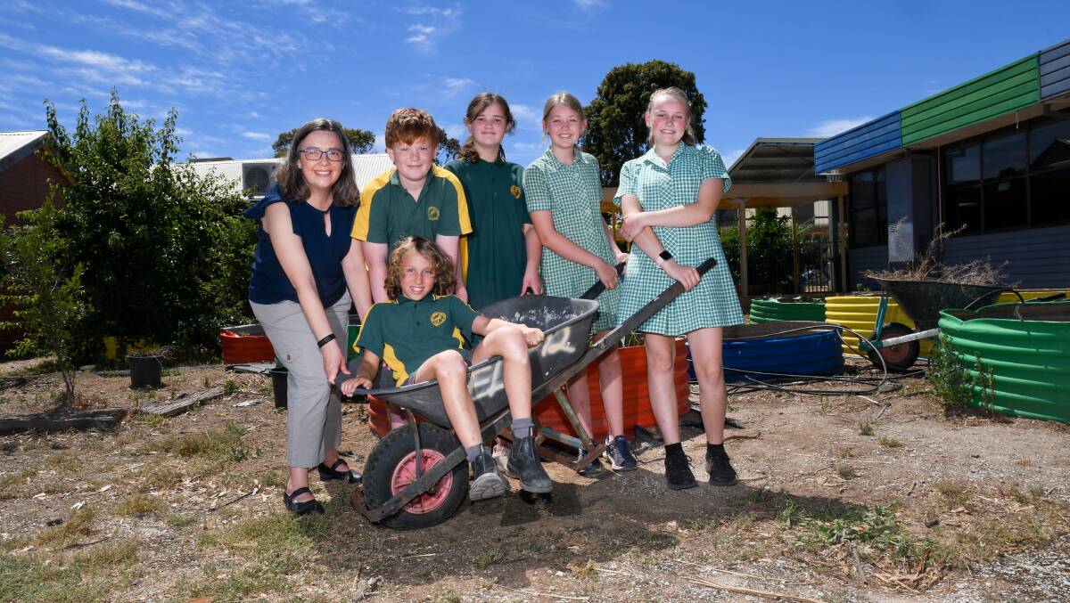 East Loddon P-12 College students Ollie Guthrie, Sianna Thatcher, Colin Murphy, Emily Sinclair, and Mackenzie Cullinan with teacher Rebecca Johns. Picture: NONI HYETT