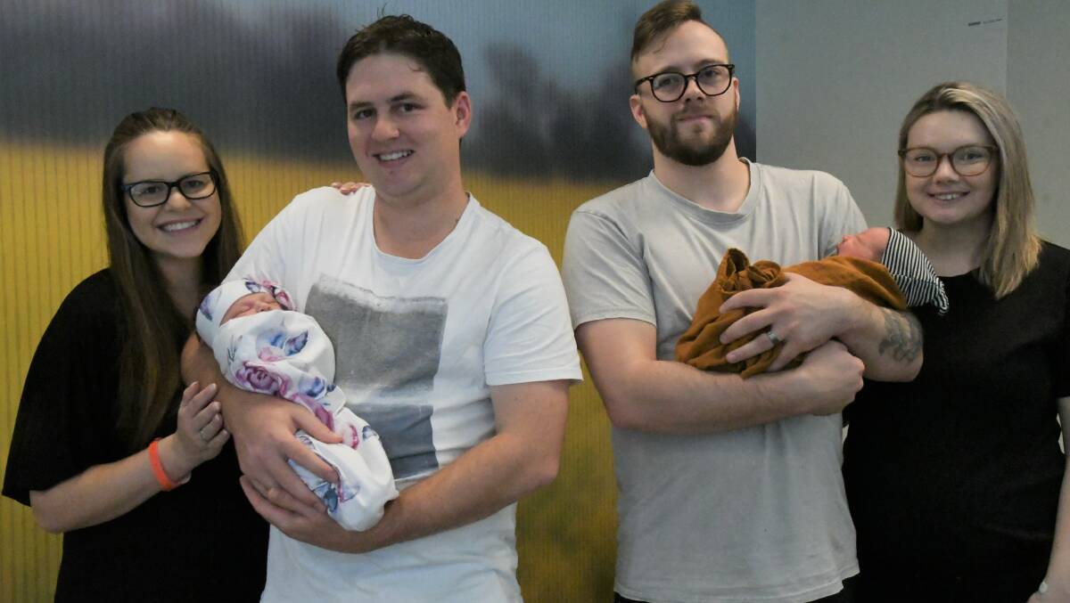 OH BABY: Two of the families with new babies born at Bendigo Health on Saturday: Alexandra Wencel, baby Zoey Fedoruk, James Fedoruk, Erek Ladd, baby Oliver Ladd, and Amber Ladd. Picture: EMMA D'AGOSTINO
