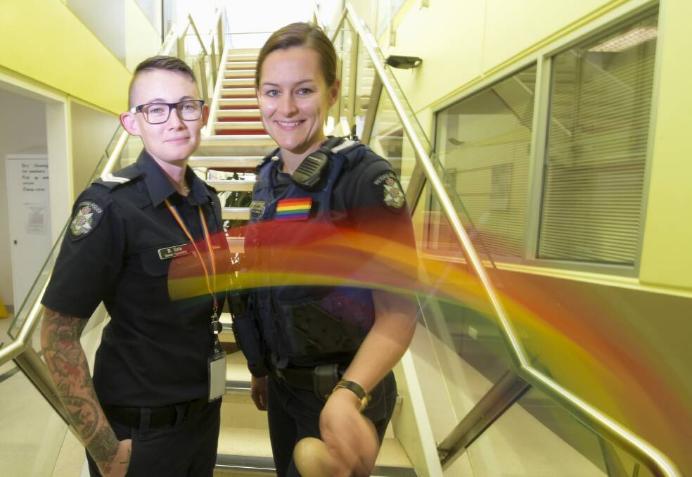 PLANNING A BALL: Senior Constables Bianca Cola and Holly Lembke are among five Gay and Lesbian Liaison Officers at Bendigo Police Station. The station's officers are planning a 'Rainbow Ball'. Picture: NONI HYETT
