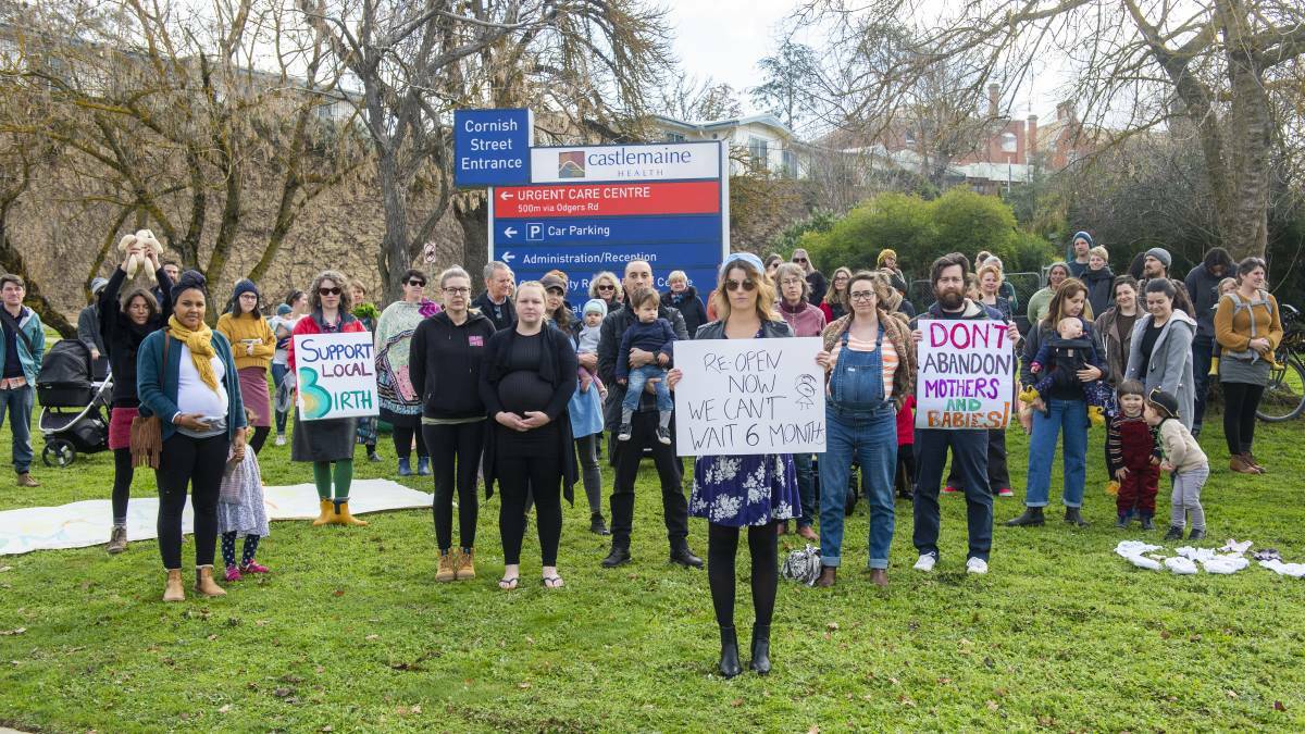 Supporters of Castlemaine Health's maternity services rallying for an end to the suspension of birthing, back in late June. Picture: DARREN HOWE