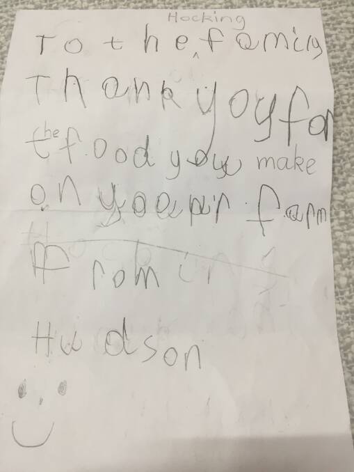Hudson's letter to the Hocking family, inspired by National Agriculture Day. Picture: JUDY HOCKING