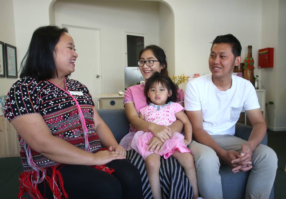 SUPPORT: Bu Gay Pah Thei from Loddon Campaspe Multicultural Services with Eh Wah Paw, three-year-old Maria Htoo, and Saw Tamalar Htoo. Bu Gay helped the family find work. Picture: GLENN DANIELS