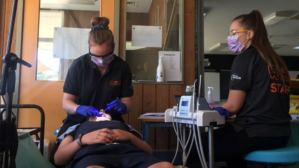 A White Hills student receiving dental care from the Smile Squad earlier this year. Picture: ELSPETH KERNEBONE