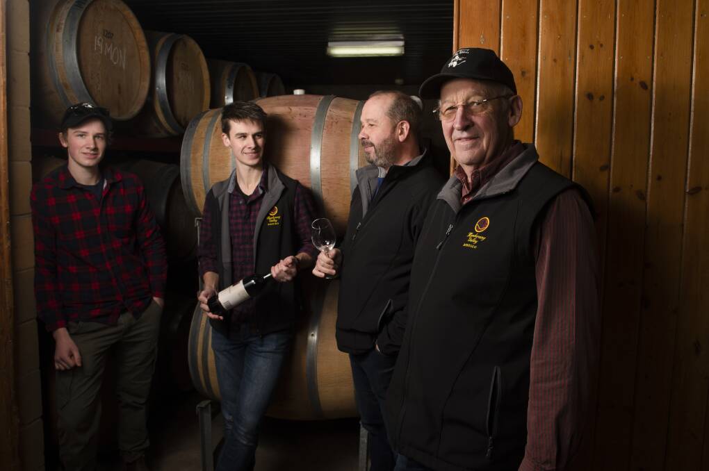 AMONG THE VINES: Oliver, Tristan, Steve and Wes Vine at the family business, Mandurang Valley Wines. Picture: DARREN HOWE