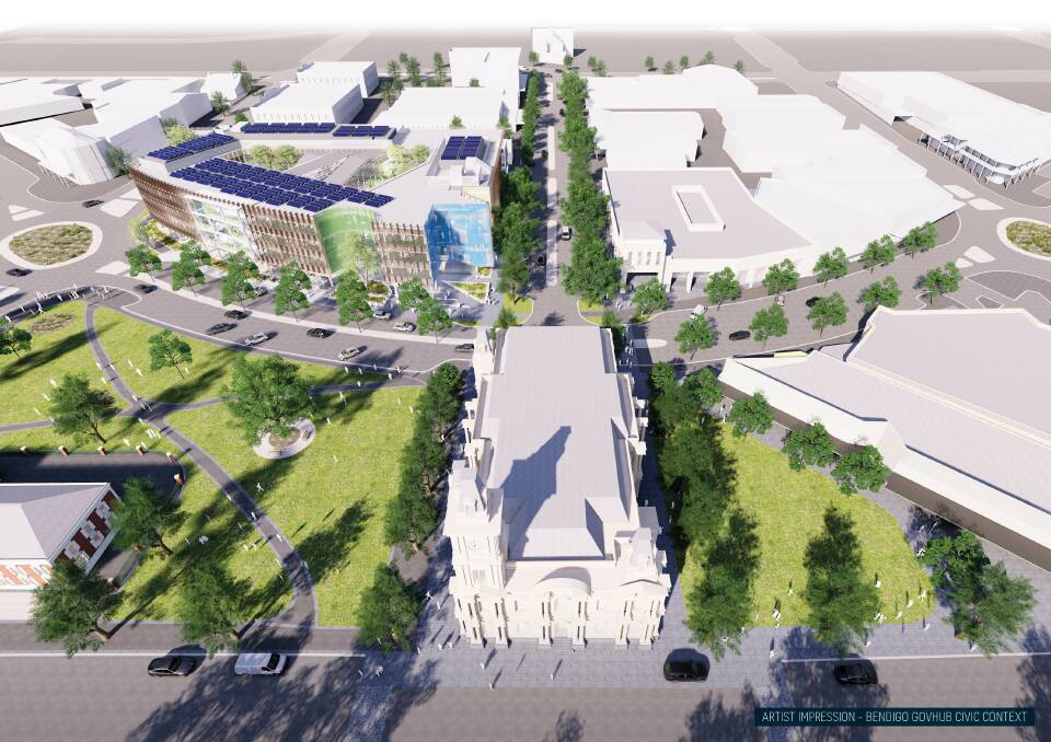 An artist's impression of the Bendigo GovHub, top left, within the surrounding area. Picture: SUPPLIED