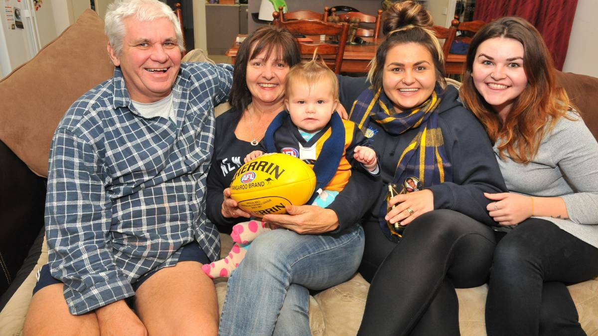 Tom Cole's parents Russell and Donna, niece Lotti, and sisters Gabrielle and Darcey ahead of his AFL debut in 2016. Picture: LUKE WEST