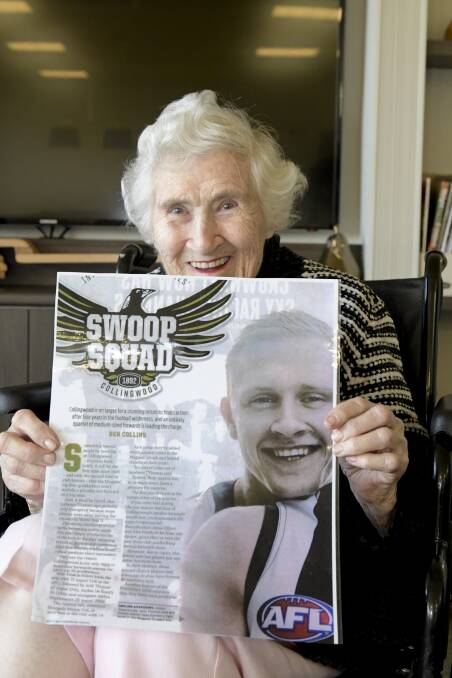 Richmond supporter Joyce Harriott has changed her colours for the Grand Final weekend in support of her great-nephew, Collingwood player Jaidyn Stephenson. Picture: NONI HYETT