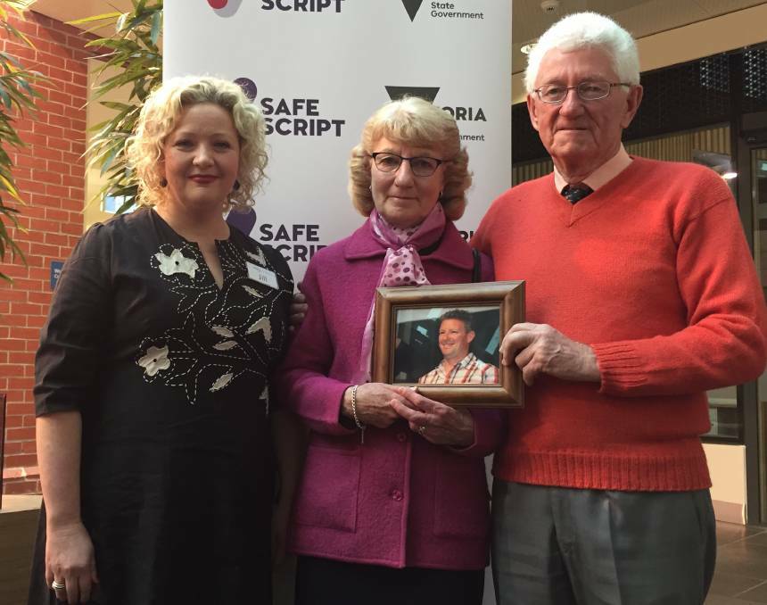 Victorian Health Minister Jill Hennessy with Margaret and John Millington, who have campaigned for prescription monitoring since the death of their son Simon. Picture: THE COURIER