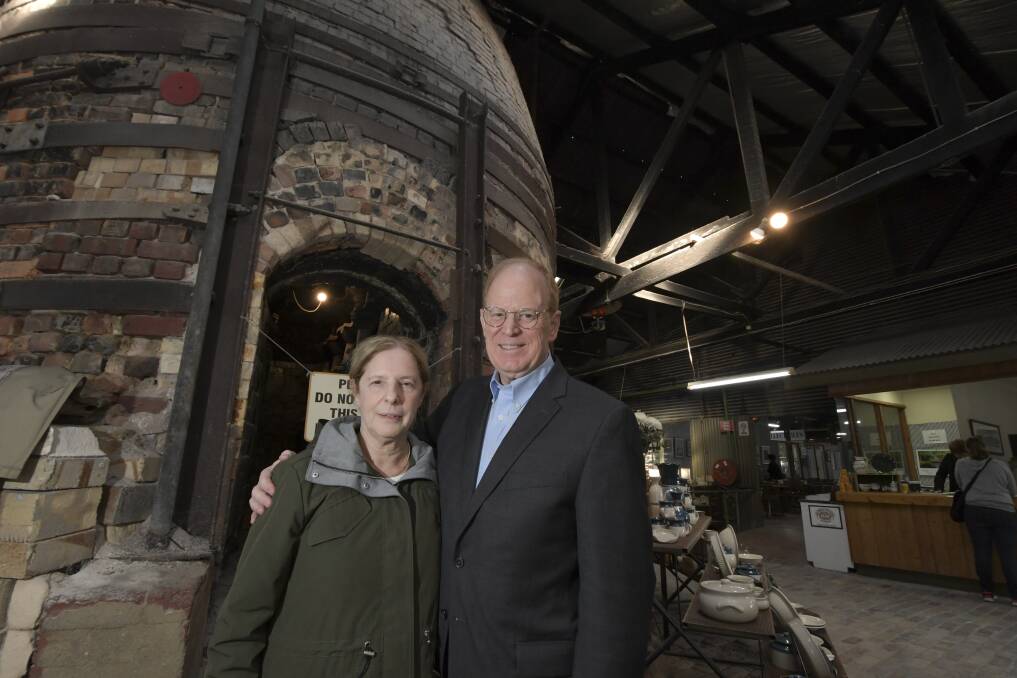 Jane and David Condliffe visit Bendigo Pottery, where Mr Condliffe's great-grandfather once worked. Picture: NONI HYETT